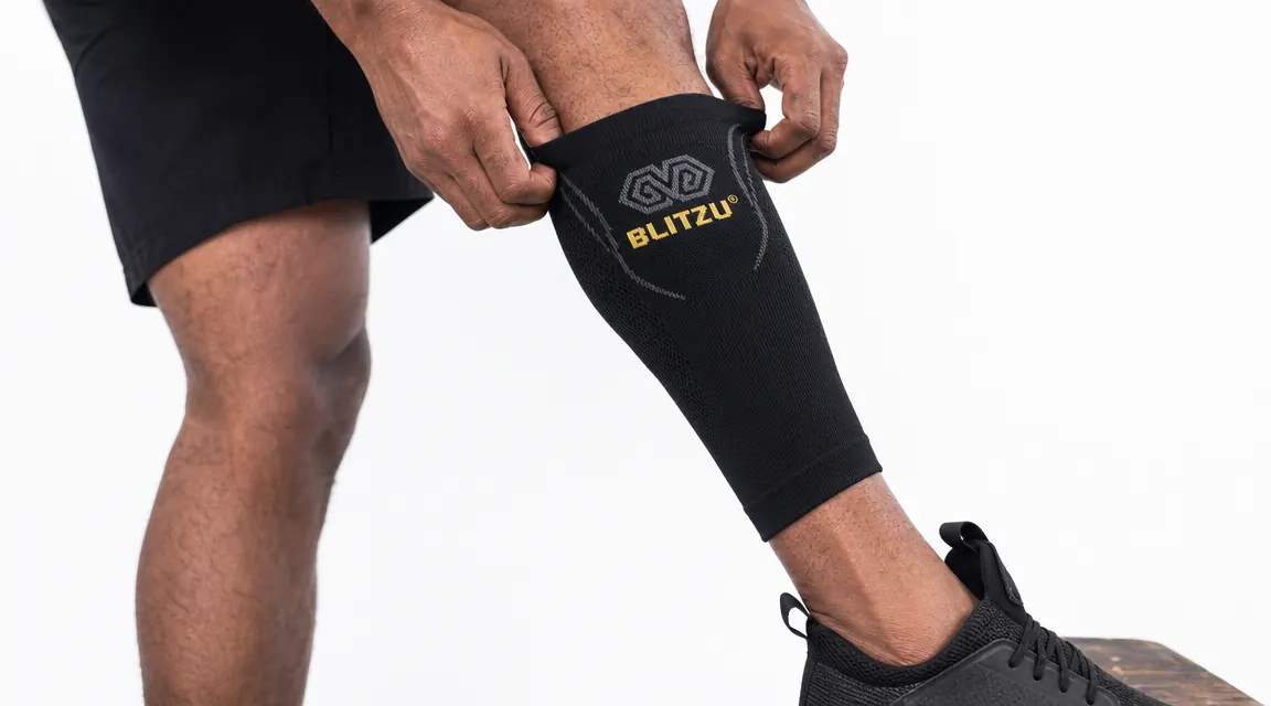 Close-up of a hand pulling on a BLITZU calf compression sleeve over a runner's lower leg