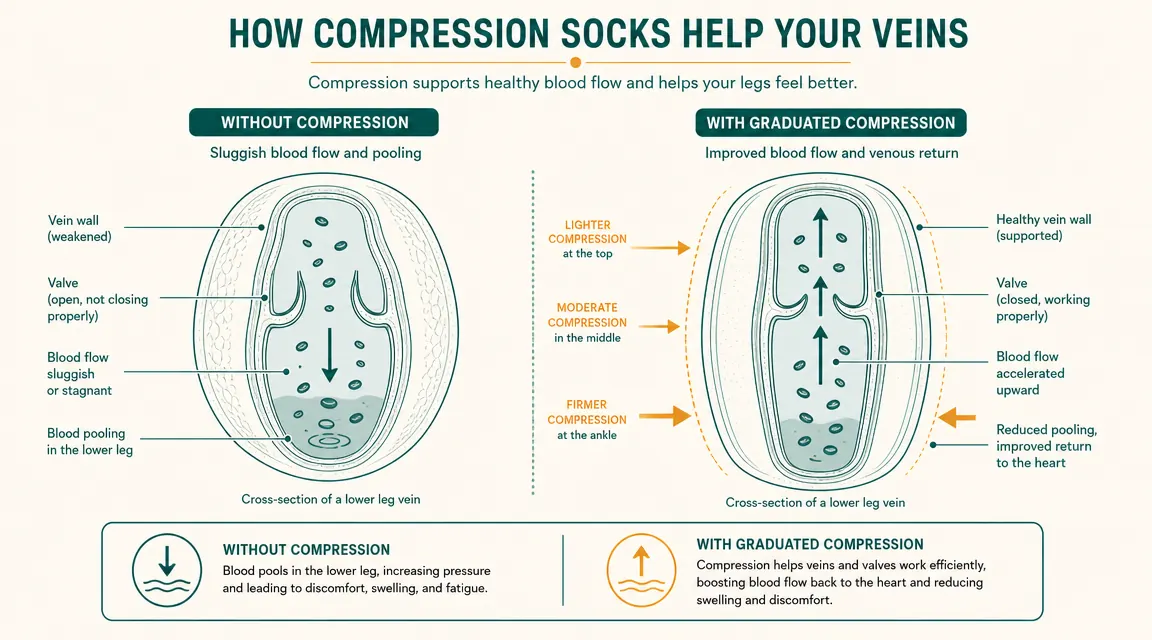 Diagram showing venous blood flow improvement with and without graduated compression on the lower leg