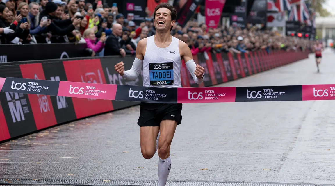 Runner finishing a race crossing a finish line, wearing calf compression sleeves, crowd in background