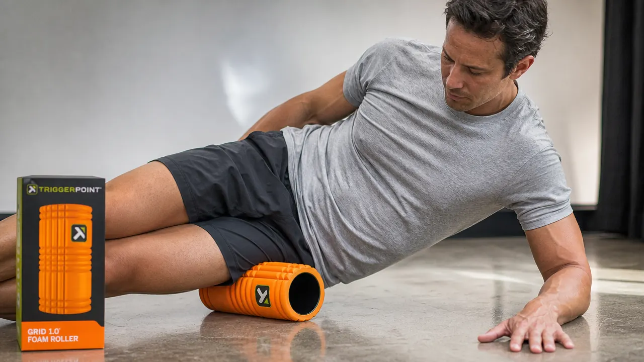 Close-up of hands pressing down on a TriggerPoint GRID foam roller to apply pressure to the IT band