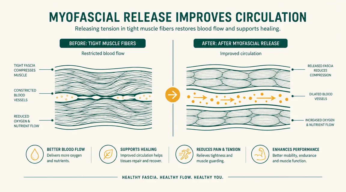 Diagram showing blood flow increase in muscle tissue before and after foam rolling