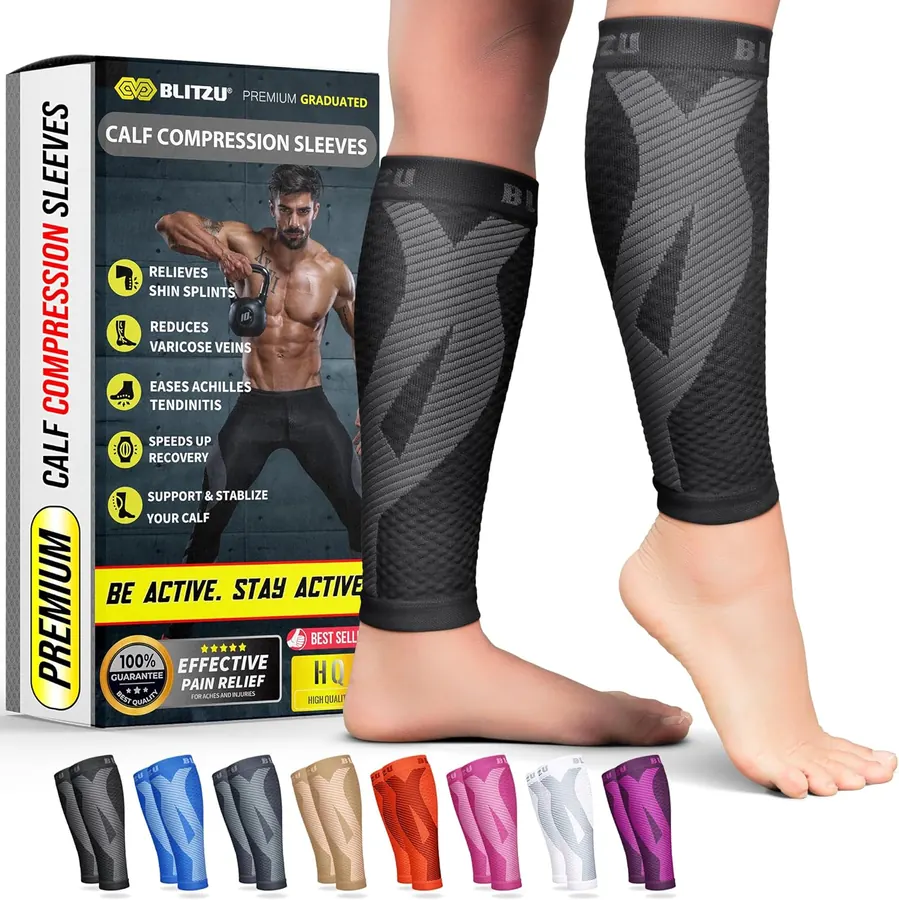 Hand holding BLITZU calf compression sleeve showing the fabric weave and seam construction