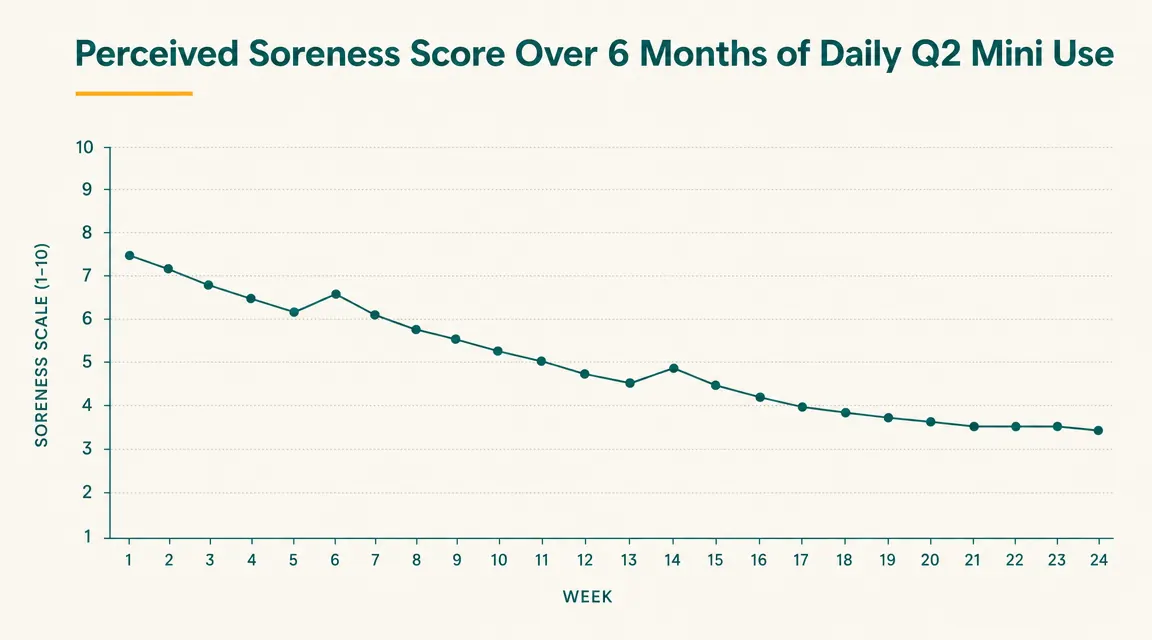 Chart showing perceived muscle soreness score across 6 months of daily massage gun use, declining from week 1 to week 24