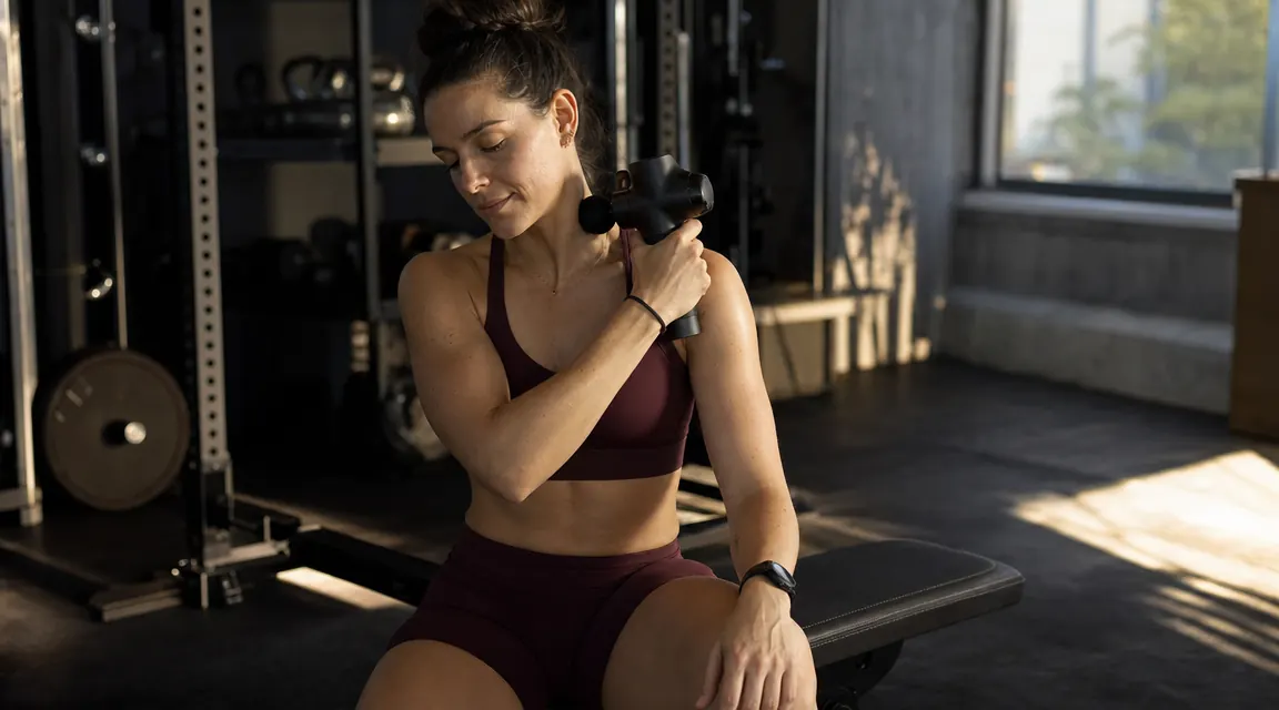 Athlete using a massage gun on their upper trapezius and neck after a lifting session