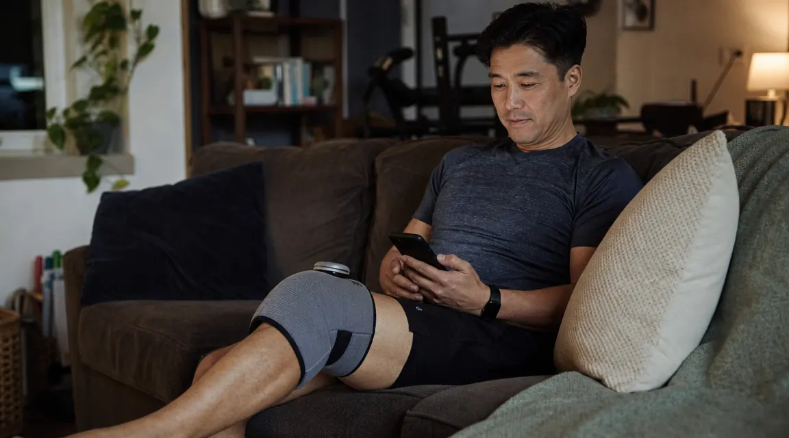 Person in athletic clothing using a heating pad on their knee while seated on a couch
