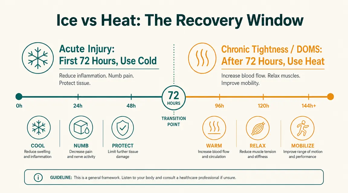 Timeline chart showing when to use ice vs heat: ice during first 72 hours for acute injury, heat after 72 hours for chronic tightness