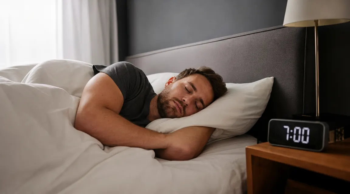 Athlete in bed sleeping soundly, alarm clock showing 7am, sunlight coming through curtains