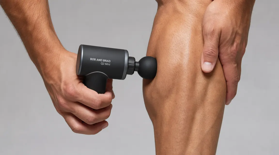 Close-up of a ball attachment on a massage gun being held against a calf muscle
