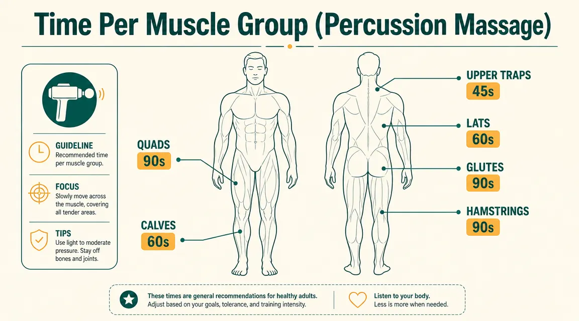 Diagram showing recommended massage gun session times per muscle group: quads 90s, hamstrings 90s, calves 60s, glutes 90s, upper traps 45s, lats 60s
