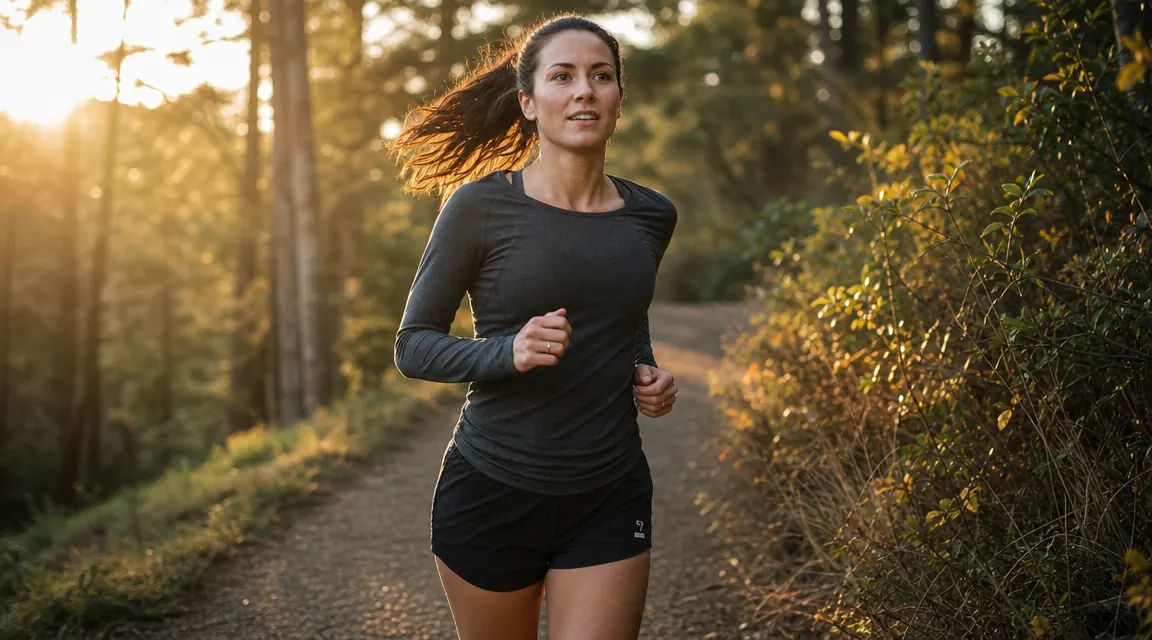 Runner on a trail at sunrise, relaxed gait, looking strong and fresh