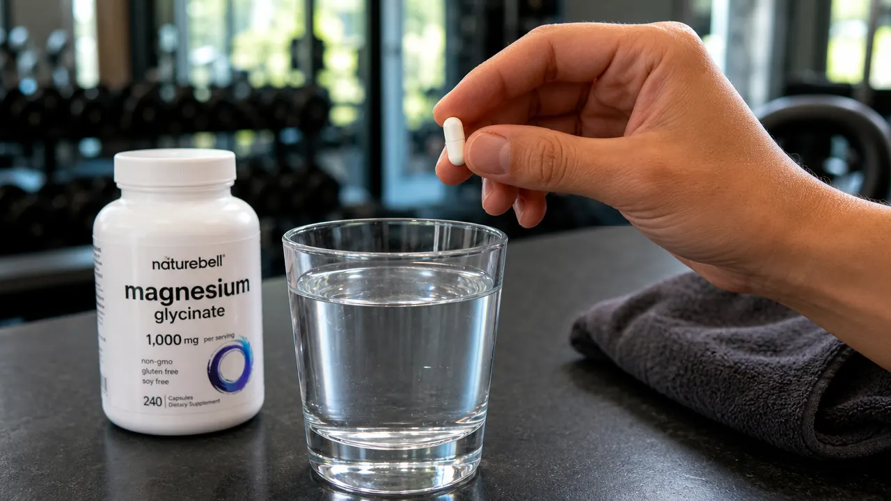 Hand holding a NatureBell magnesium glycinate capsule above a glass of water after a workout