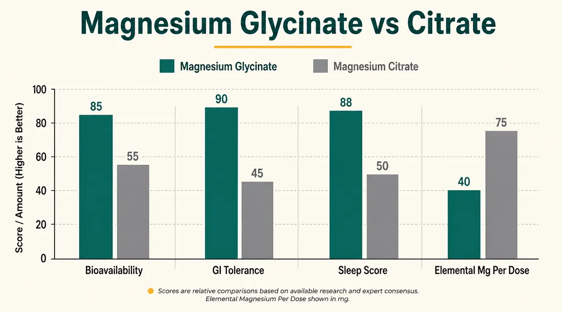 Comparison chart showing bioavailability percentages and GI tolerance ratings for magnesium glycinate vs magnesium citrate