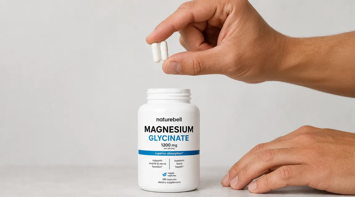 Close-up of two NatureBell magnesium glycinate capsules held in an open palm above the supplement bottle