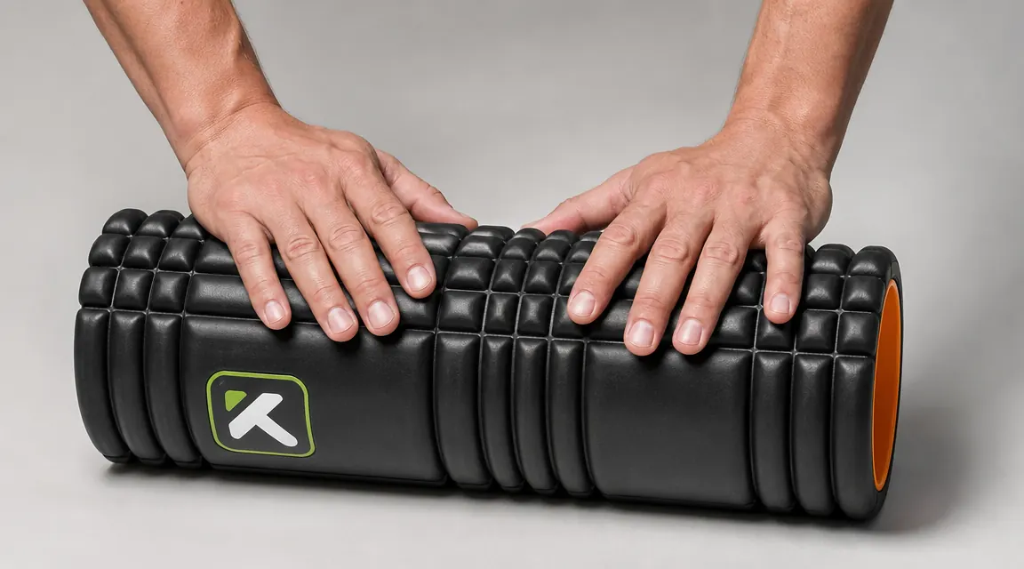 Close-up of hands pressing down on the multi-density grid surface of a TriggerPoint foam roller