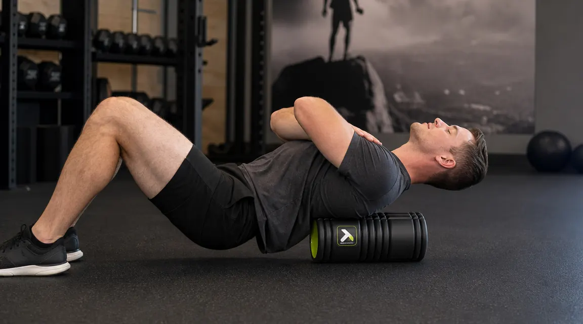 Person using TriggerPoint GRID foam roller on thoracic spine, arms crossed over chest