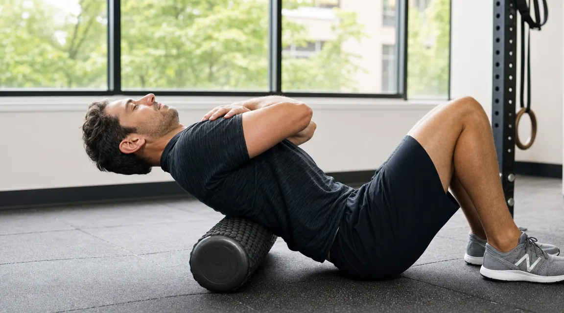 Strength coach demonstrating thoracic spine extension over foam roller on training room floor